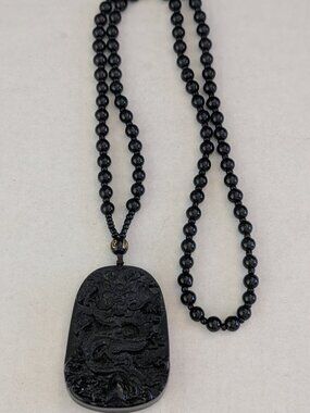 Artisan Black Obsidian Carved Drago Pendant Necklace